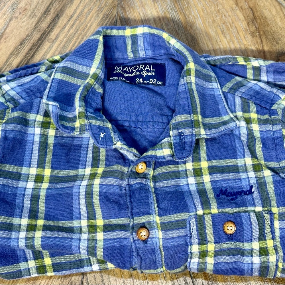 EUC Mayoral Toddler Boy Green/Blue Plaid Button Down Shirt—Size 2T